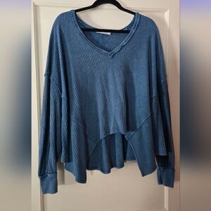 WE THE FREE Blue V-Neck Waffle Knit Top Sz Sm